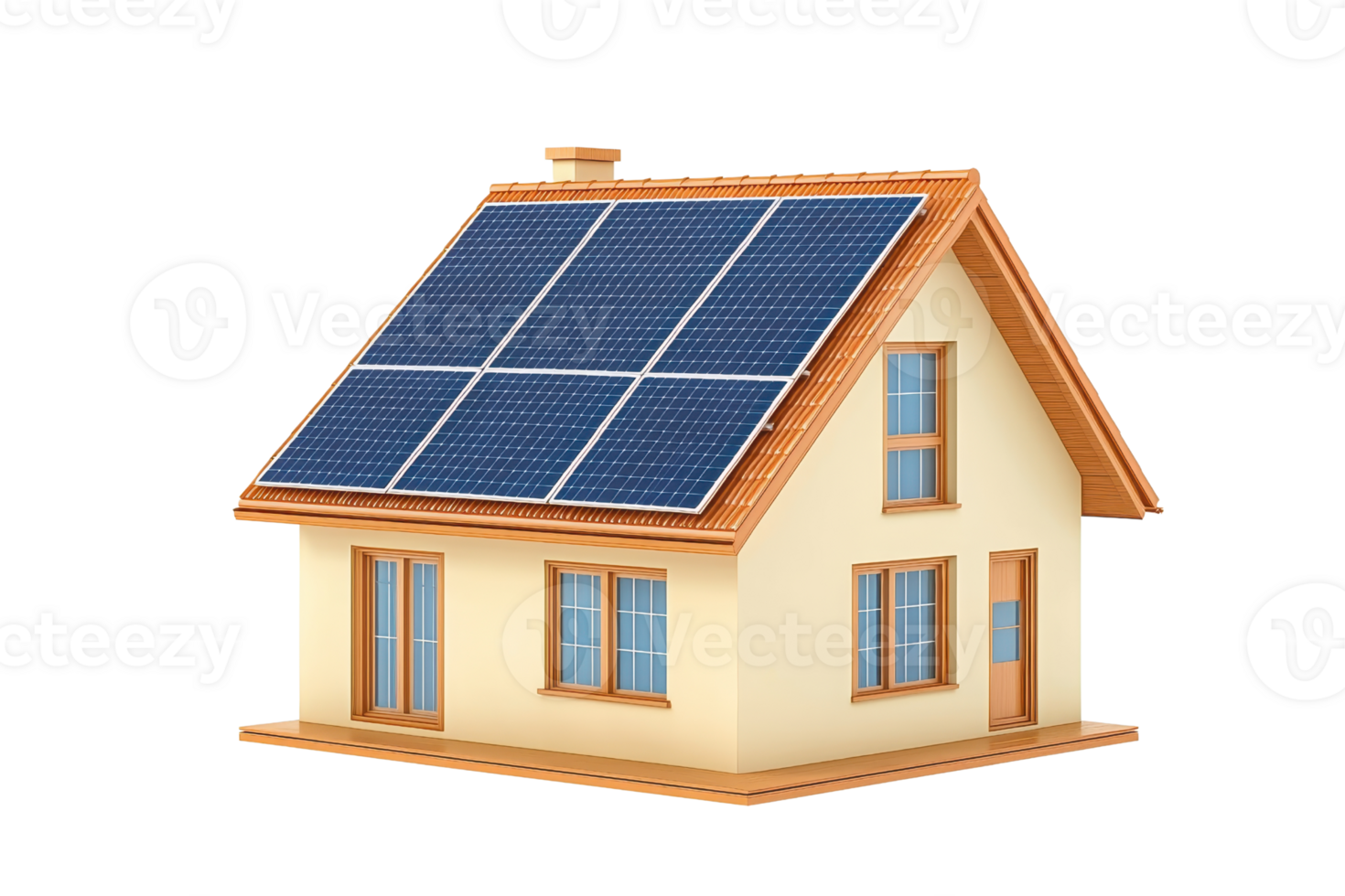 A house featuring solar panels on the roof, showcasing a modern design with multiple windows and a wooden finish. png