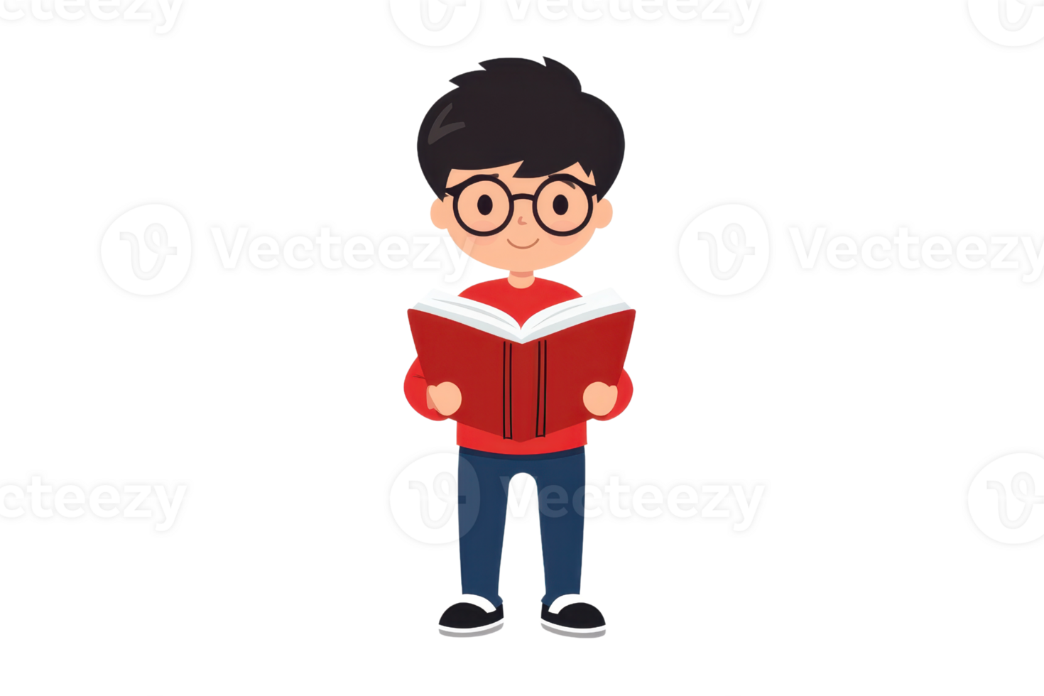 A cartoon boy with glasses is standing and reading a red book. png