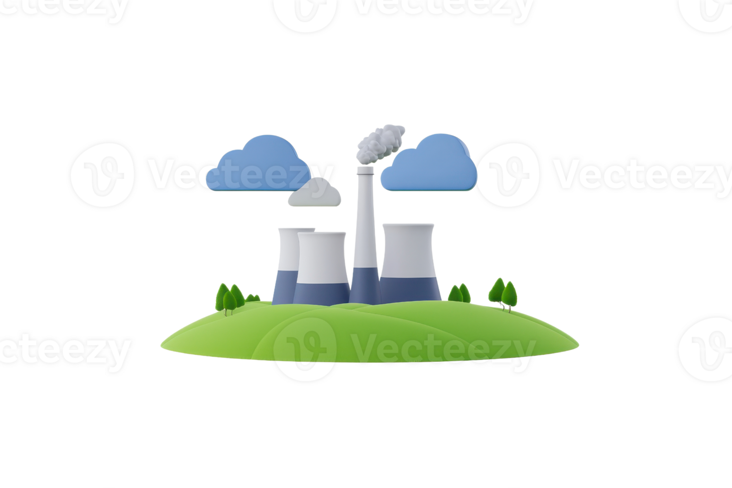 A nuclear power plant featuring cooling towers, smoke emissions, and stylized clouds against a green landscape. png