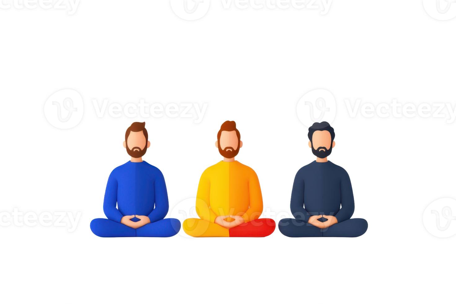 Three men in colorful outfits meditating in a seated pose with hands resting on their laps. png