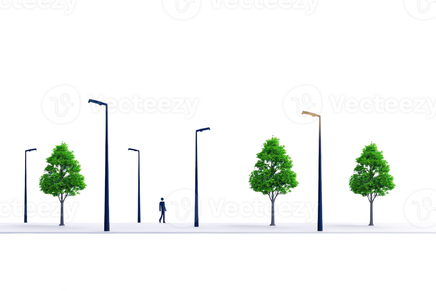 A row of stylized trees and street lamps, creating a serene urban landscape with a figure walking through the scene. png