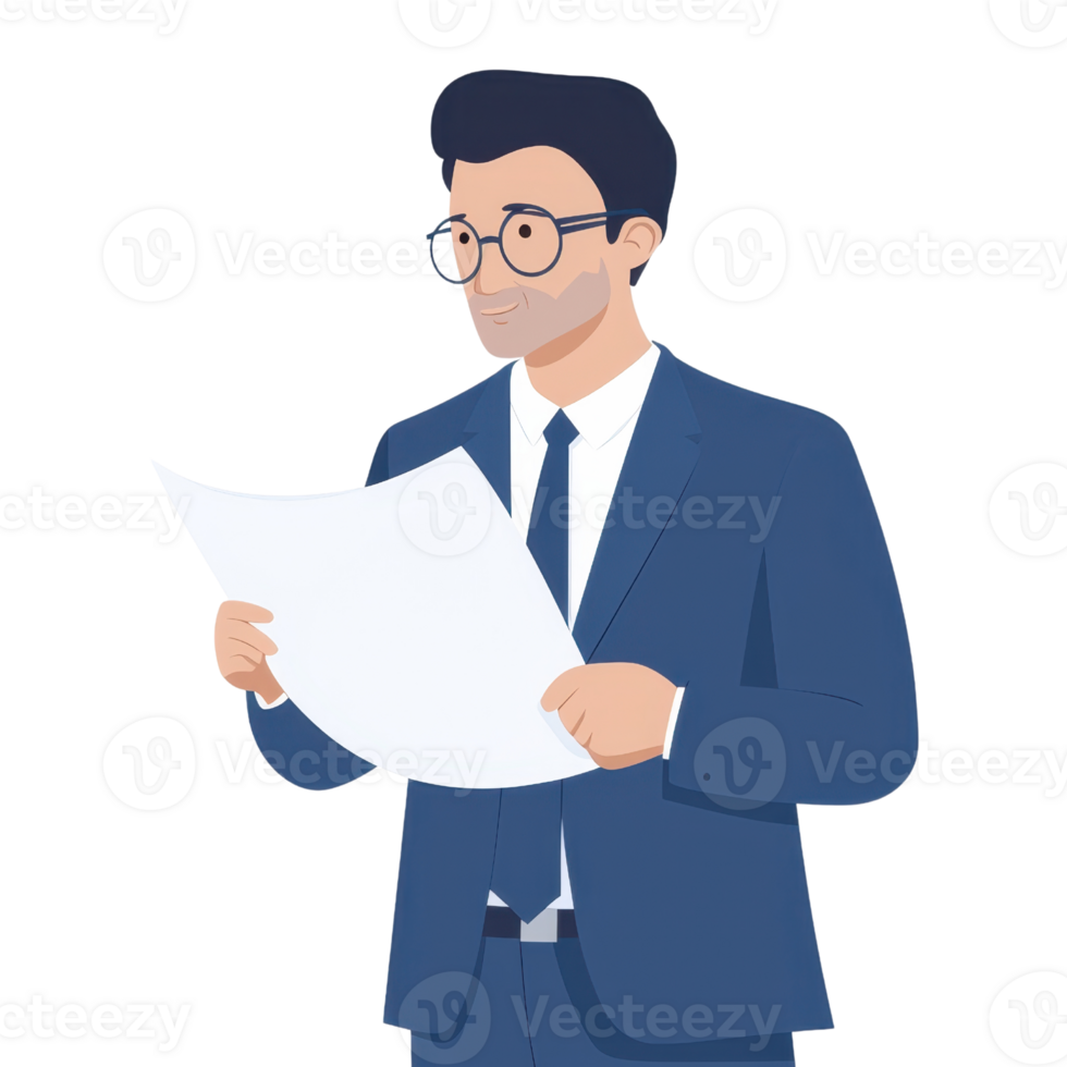 A man in a suit and glasses is reading a document, focused and engaged. png
