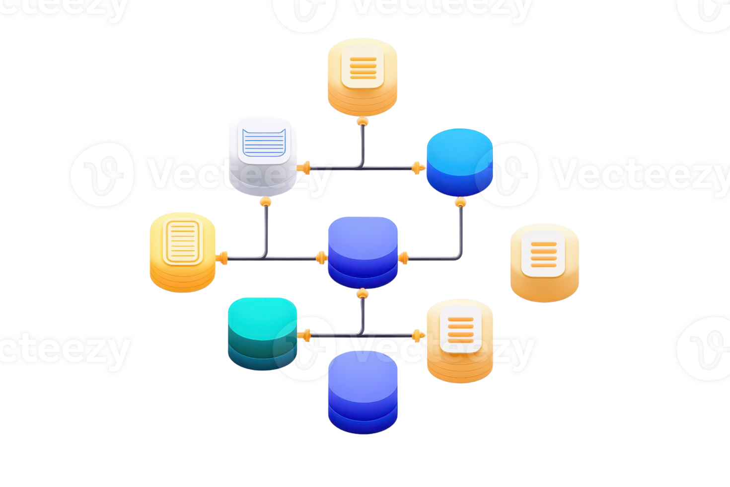 The image features a network of interconnected data storage icons, illustrating a complex data management system. png