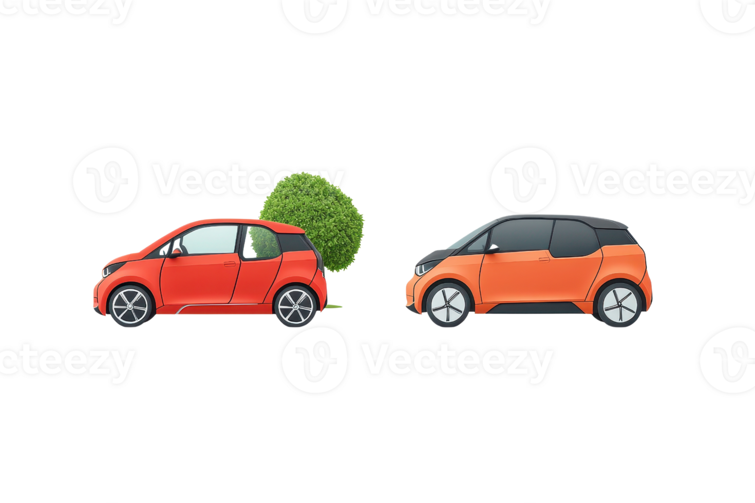 Two compact cars, one red with a green bush on top, and one orange, create a playful scene highlighting eco-friendliness and urban mobility. png