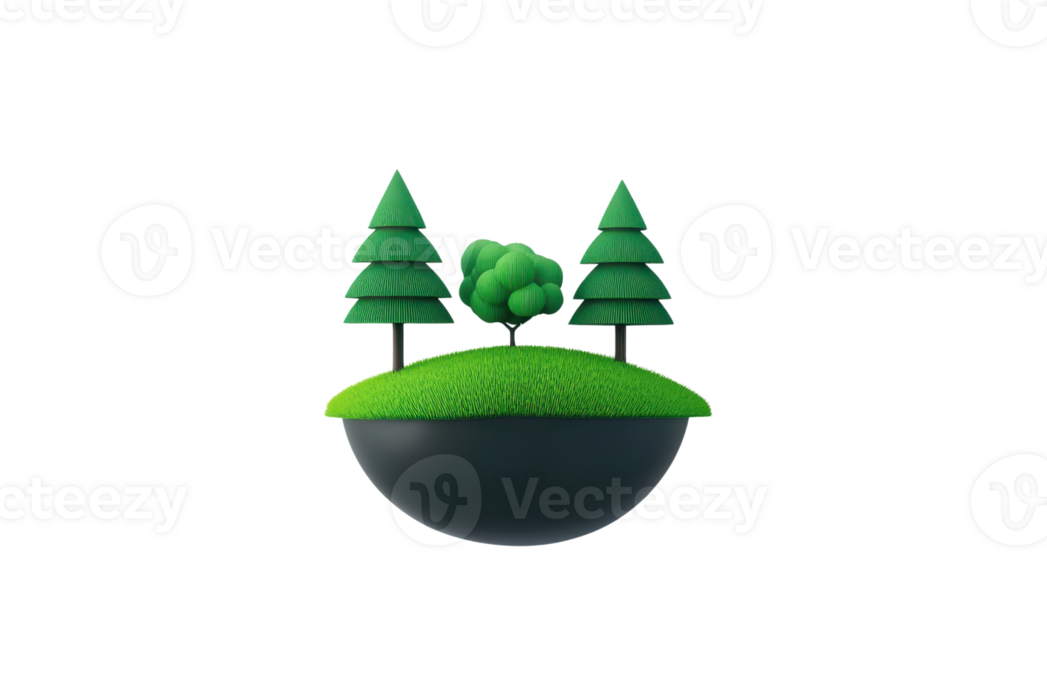 A 3D representation of a small green island with two pine trees and a bush, featuring lush grass on a rounded base. png