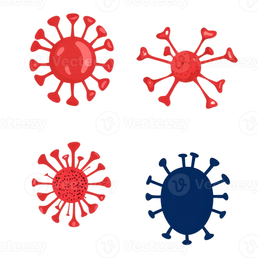 Four stylized virus illustrations featuring red and blue colors, highlighting various shapes and protrusions typical of viral structures. png