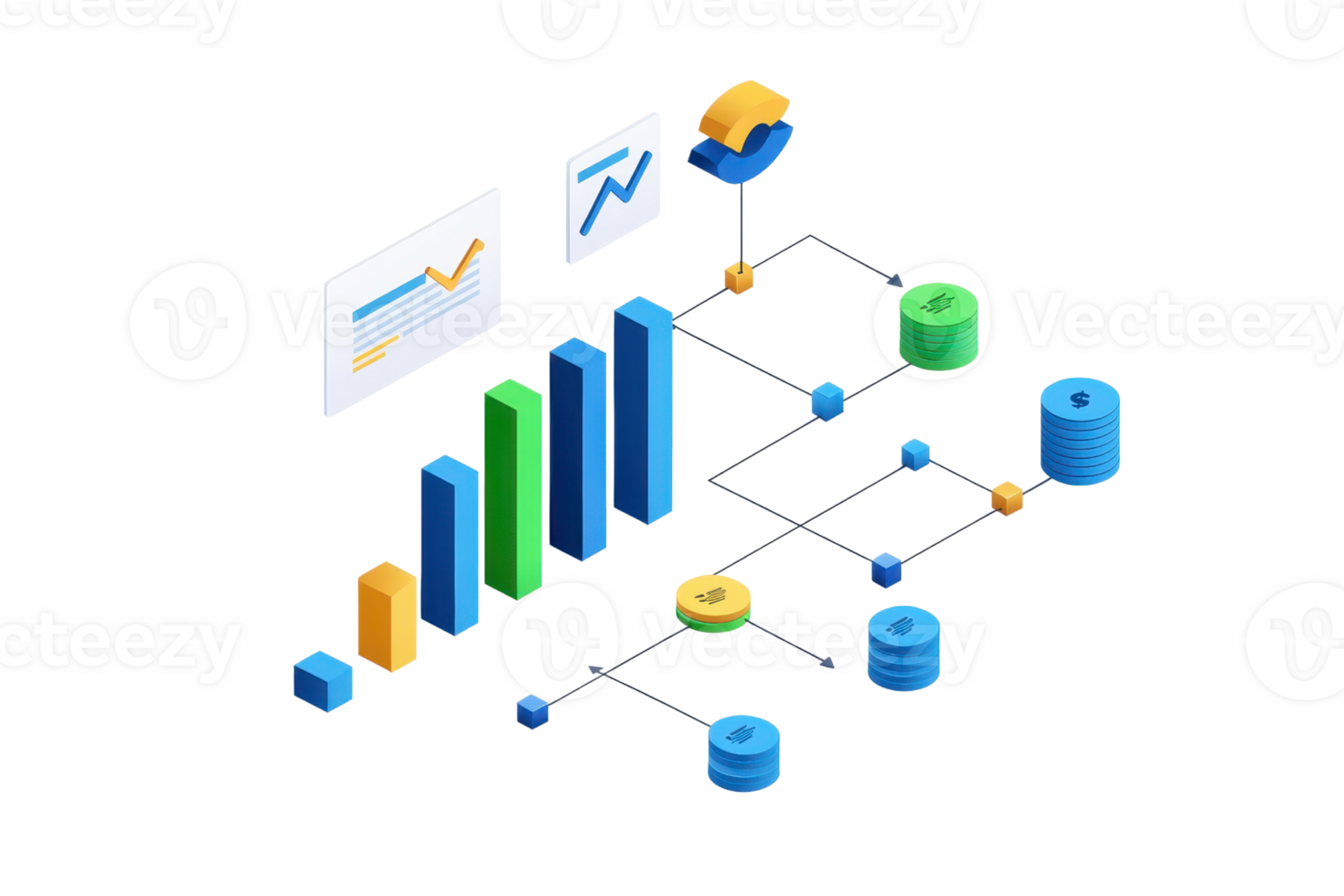 A colorful isometric representation of graphs and data analytics elements, including bar charts and circular graphs. png