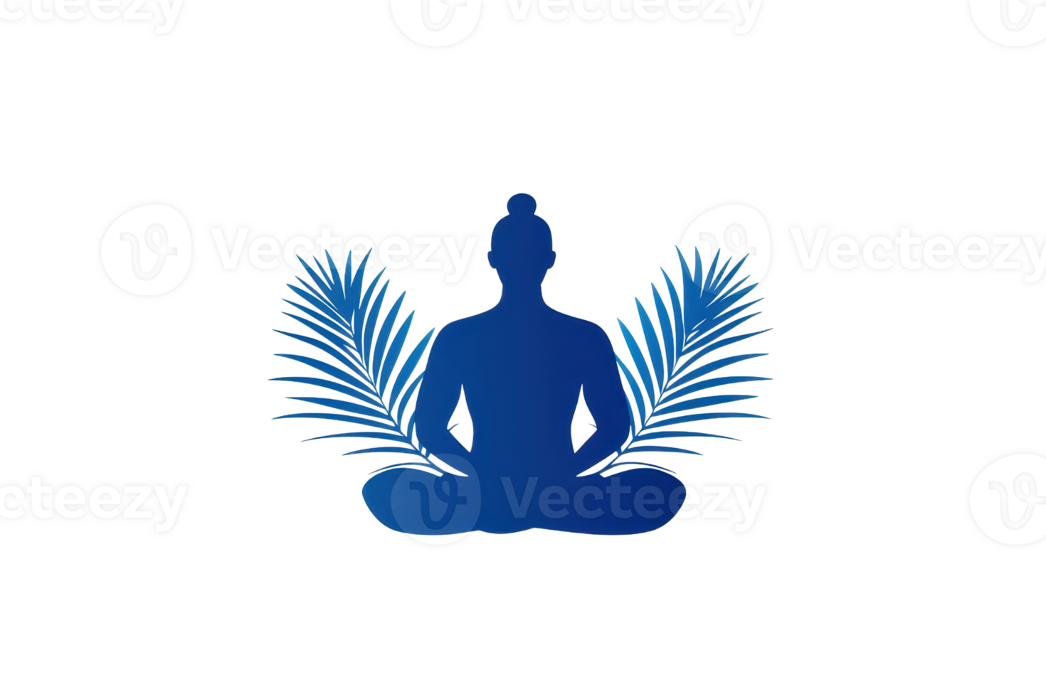 A serene silhouette of a meditating figure, flanked by stylized palm leaves, conveying tranquility and mindfulness. png