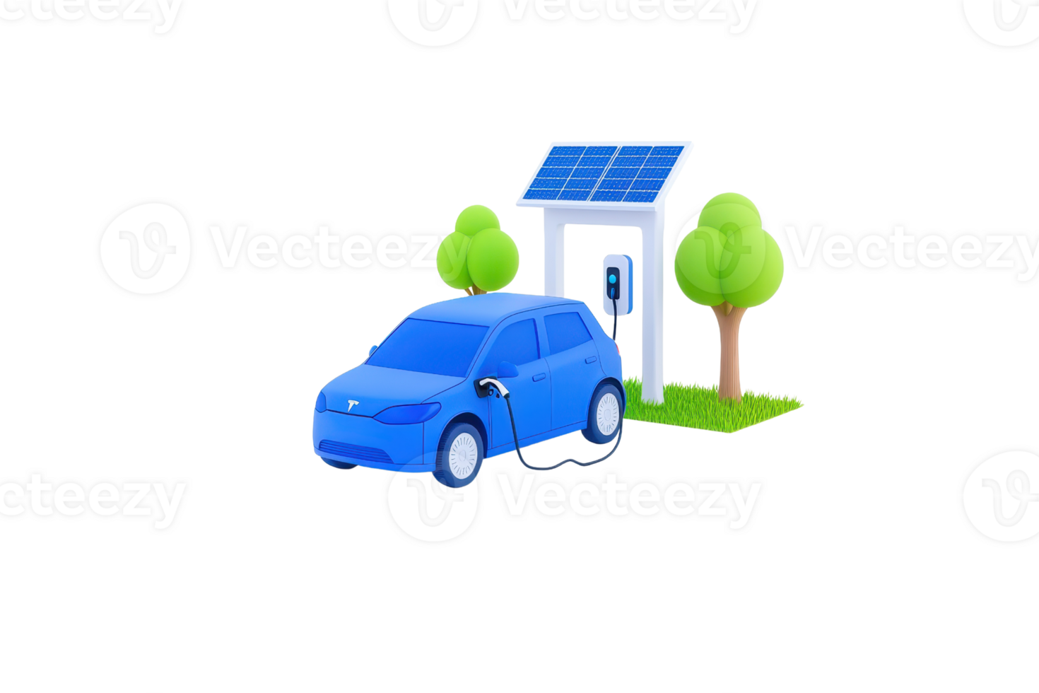 A blue electric car charging at a station with solar panels and green trees nearby. png