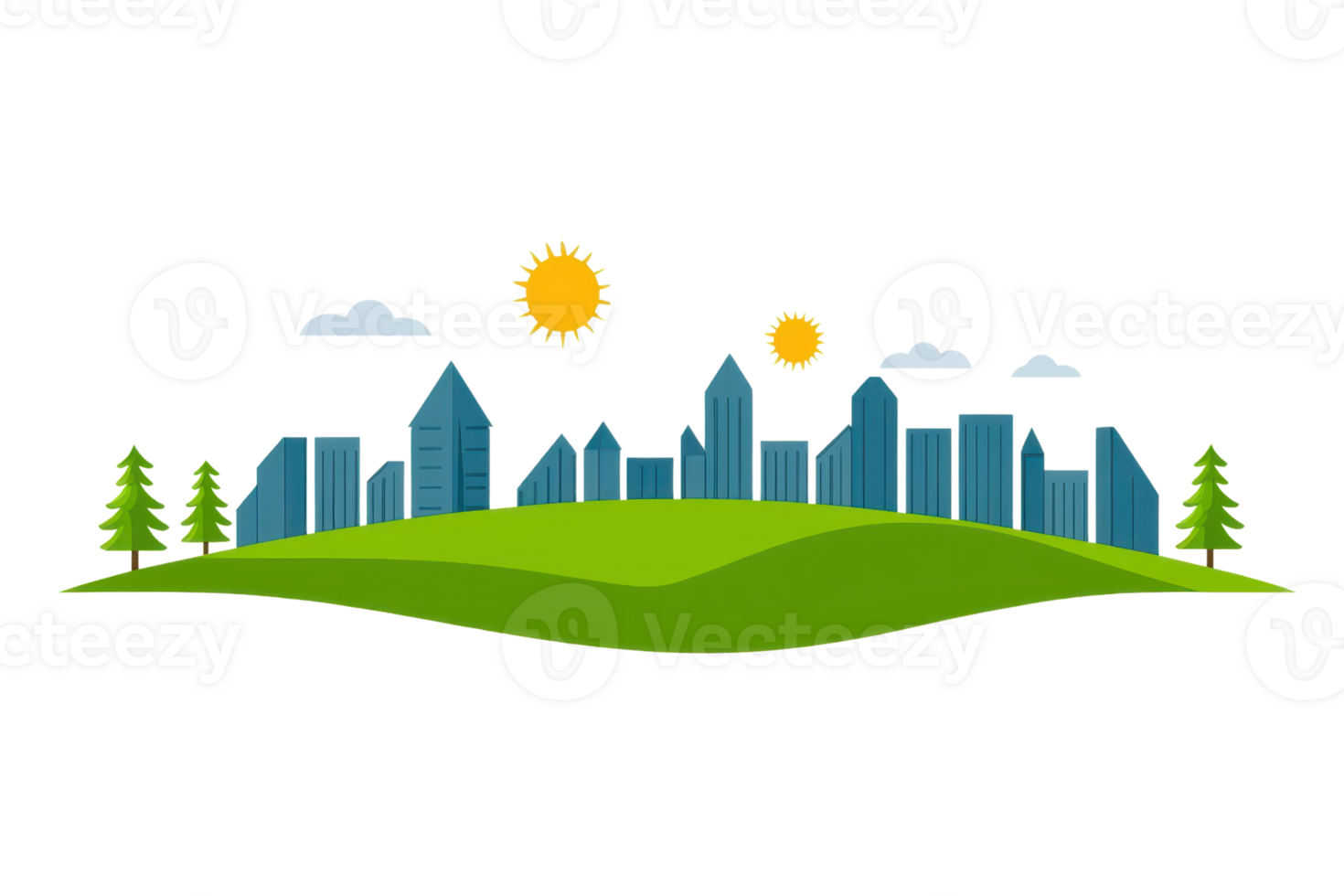 A colorful skyline featuring a variety of buildings, two suns, clouds, and trees on a green hill. png