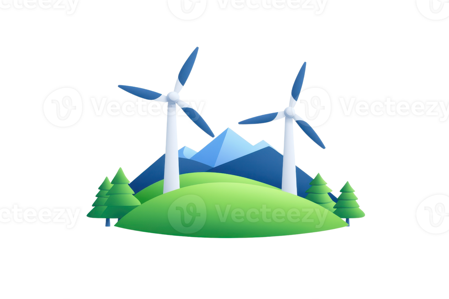 Two wind turbines stand on a green hill, surrounded by mountains and trees, symbolizing renewable energy and sustainability. png