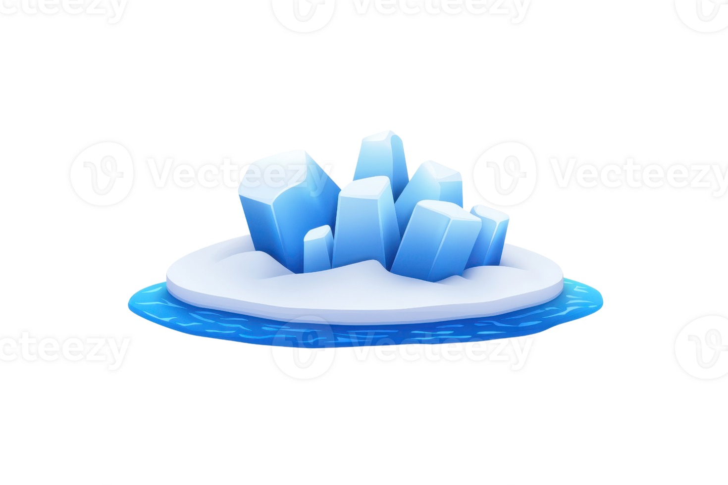 A cluster of blue icebergs sits atop a small ice floe surrounded by shimmering water. png
