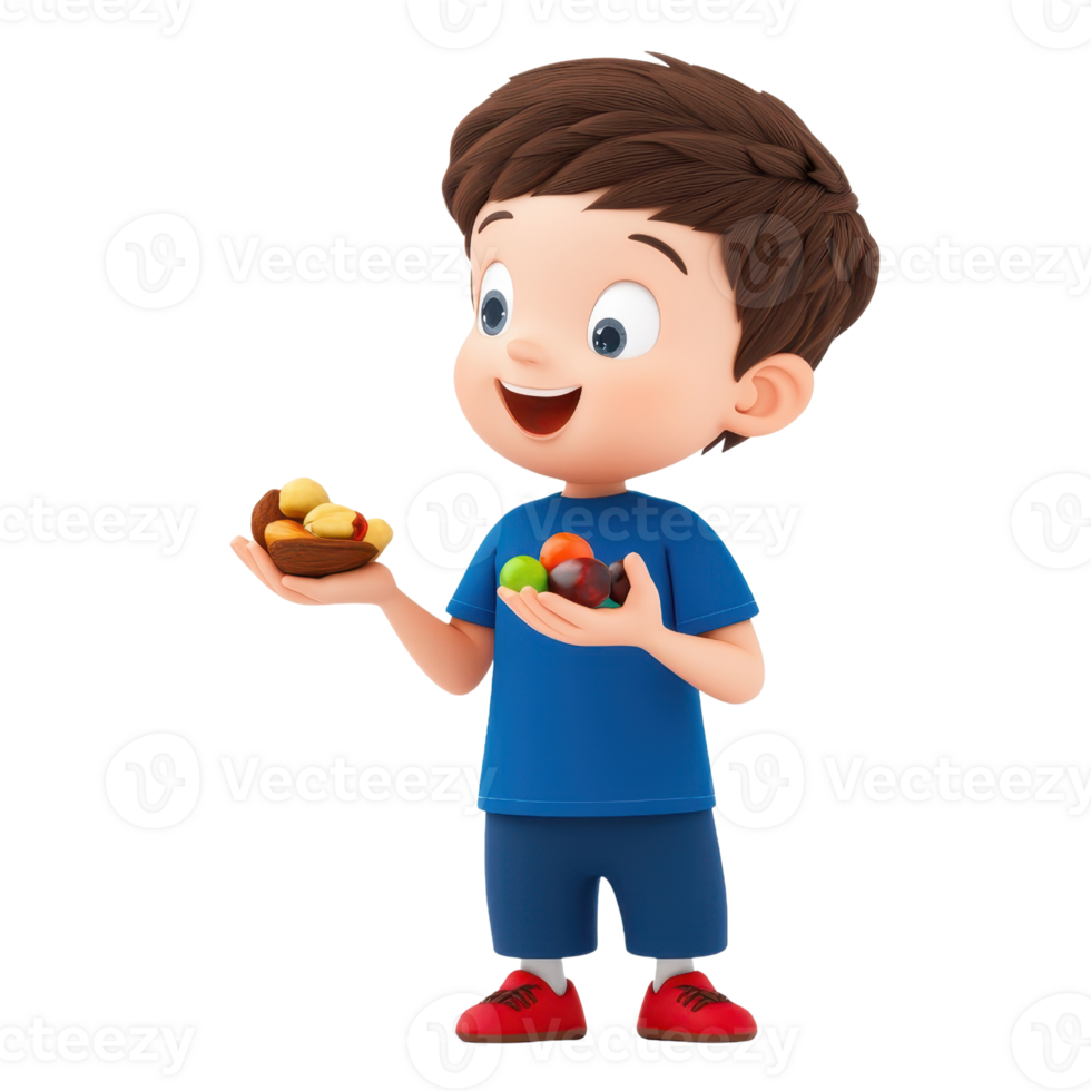 A cheerful boy in a blue shirt holds a bowl of colorful candies, enjoying his treat with a big smile. png