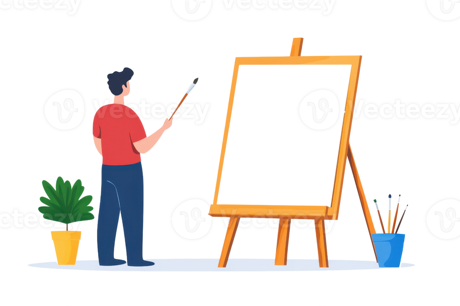 A person stands with a paintbrush in hand, facing a blank canvas on an easel, surrounded by plants and art supplies. png