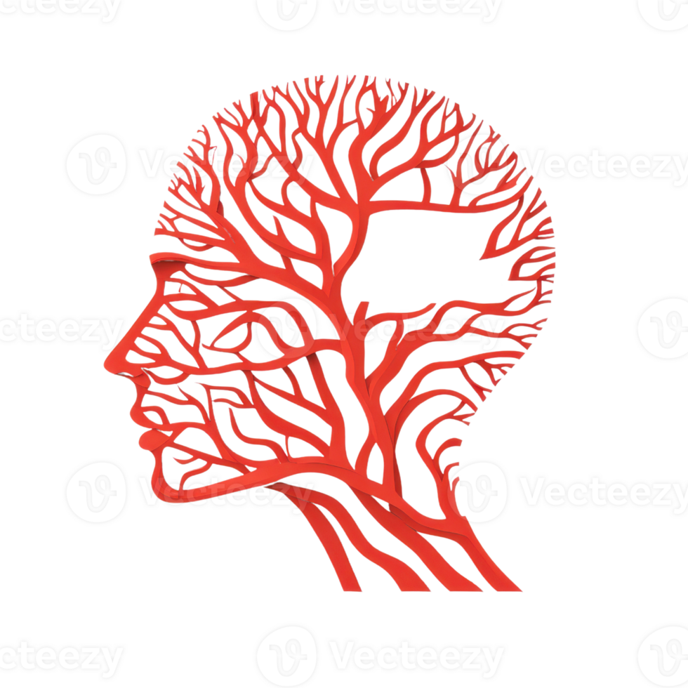 A silhouette of a head filled with intricate, red tree-like branches, symbolizing thought, growth, and connection. png