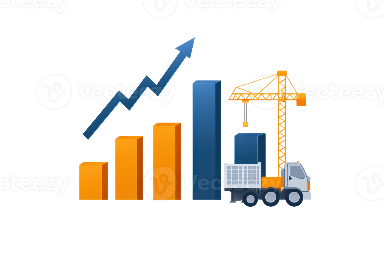 A graphic representation of growth, featuring bar charts and a construction crane alongside a truck, symbolizing progress and development. png