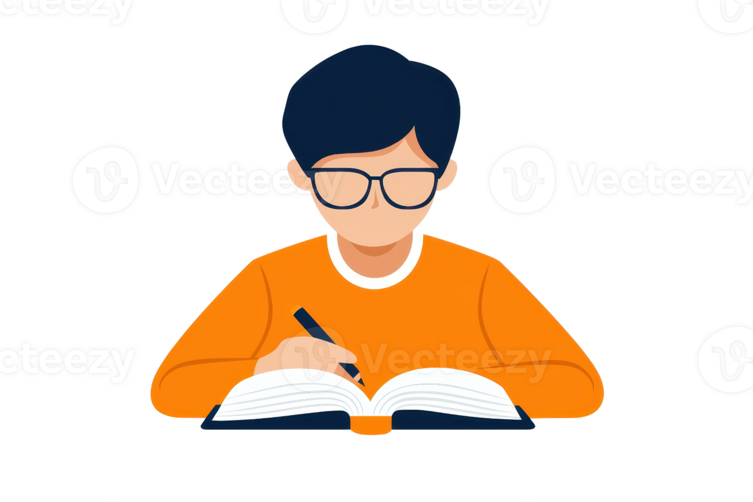 A young person in glasses writes in a book, wearing an orange sweater, focused on their studies. png