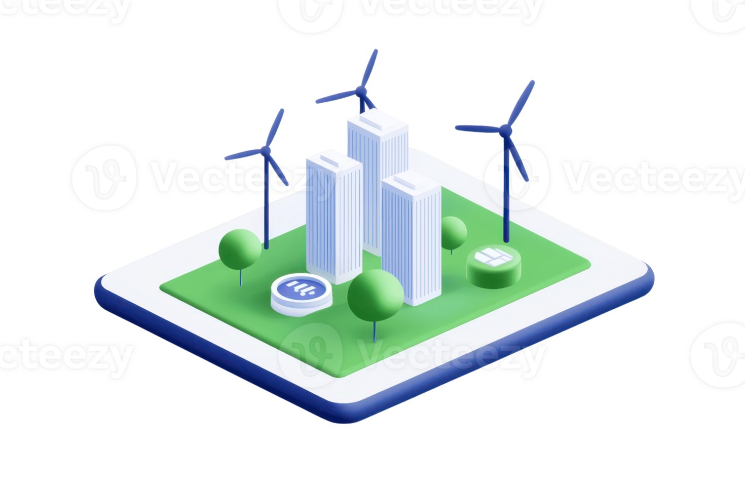 A modern cityscape featuring tall buildings, wind turbines, and greenery on a digital platform. png