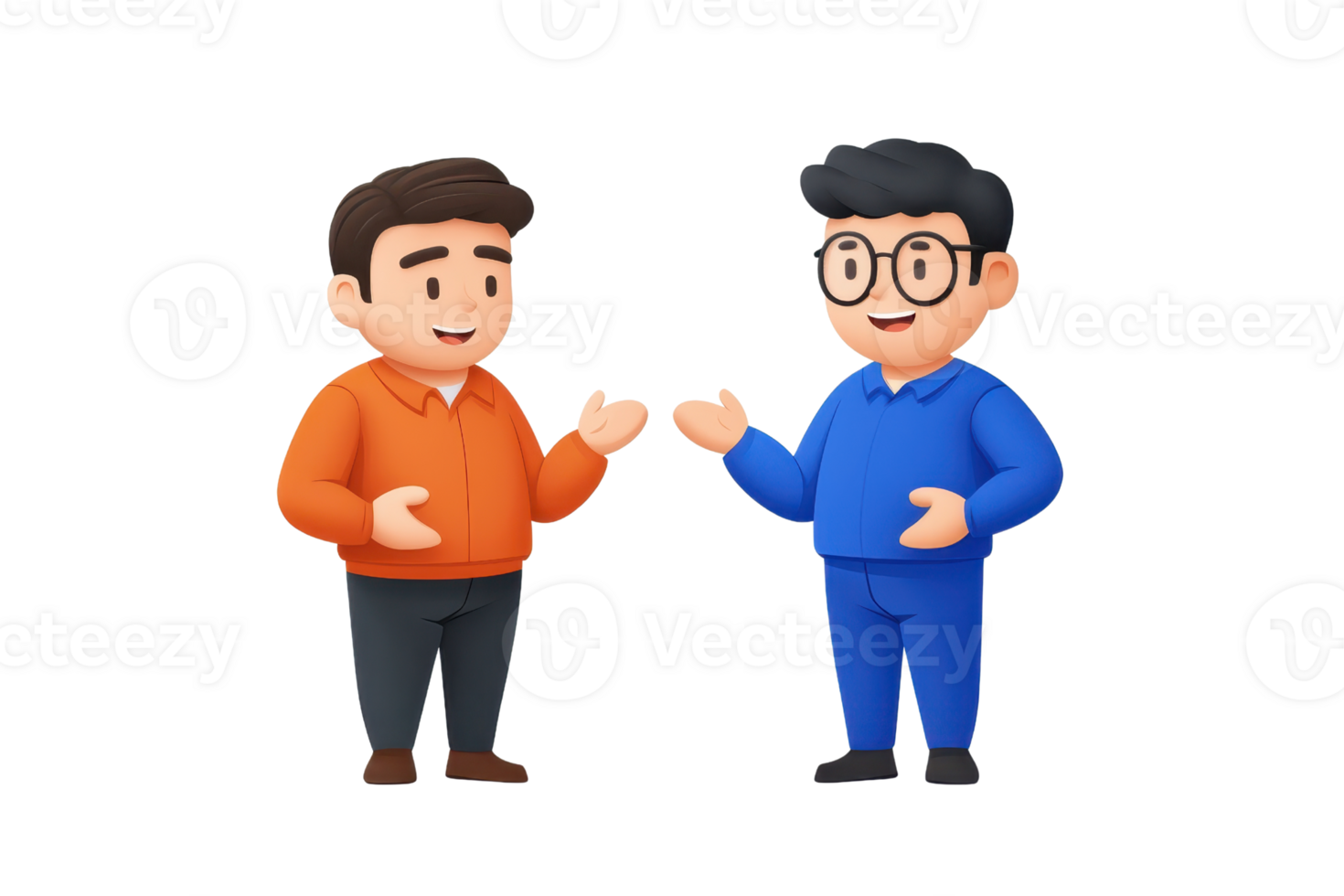 Two cartoon characters engaging in conversation, one wearing an orange jacket and the other in a blue outfit, both displaying friendly body language. png