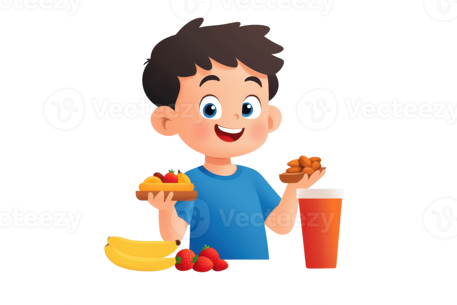 A cheerful boy holds a plate of food in one hand and a snack in the other, with a drink beside him, showcasing a healthy and happy eating moment. png