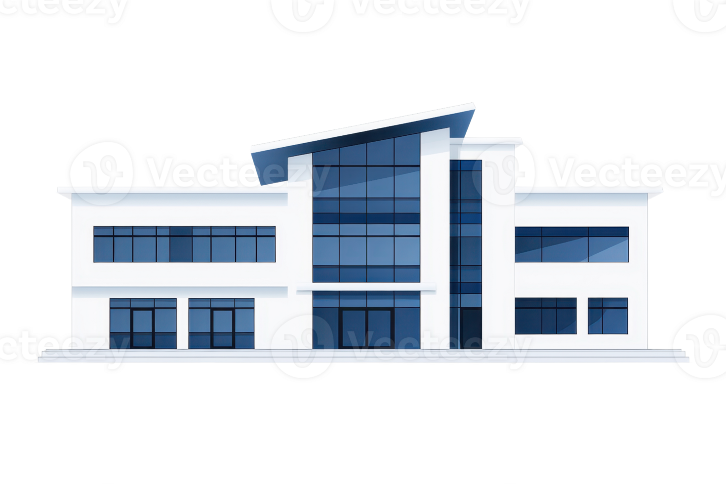 A modern, multi-story building featuring large glass windows and a distinctive angular roof design. png