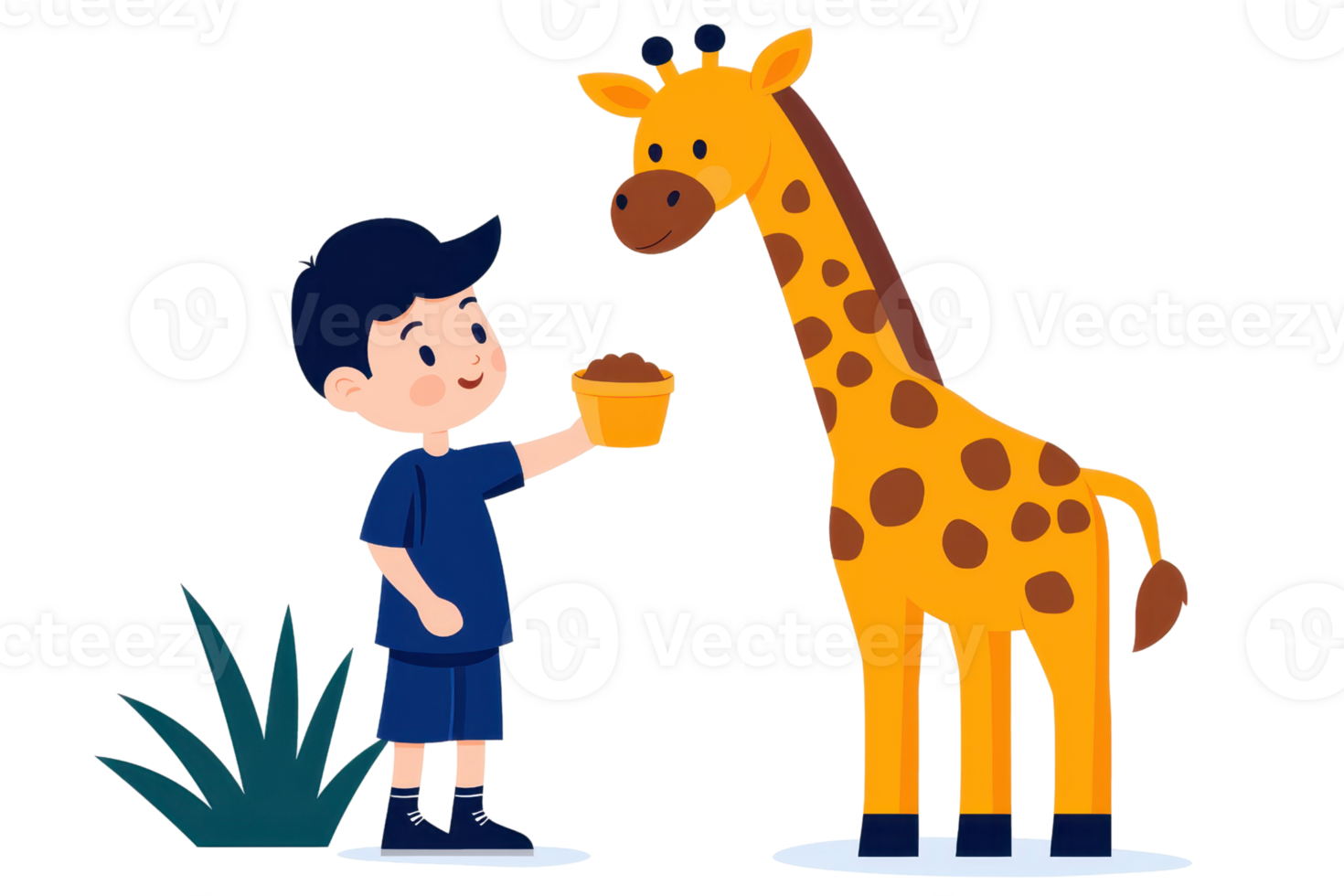 A boy offers food to a friendly giraffe, showcasing a playful interaction between child and animal. png