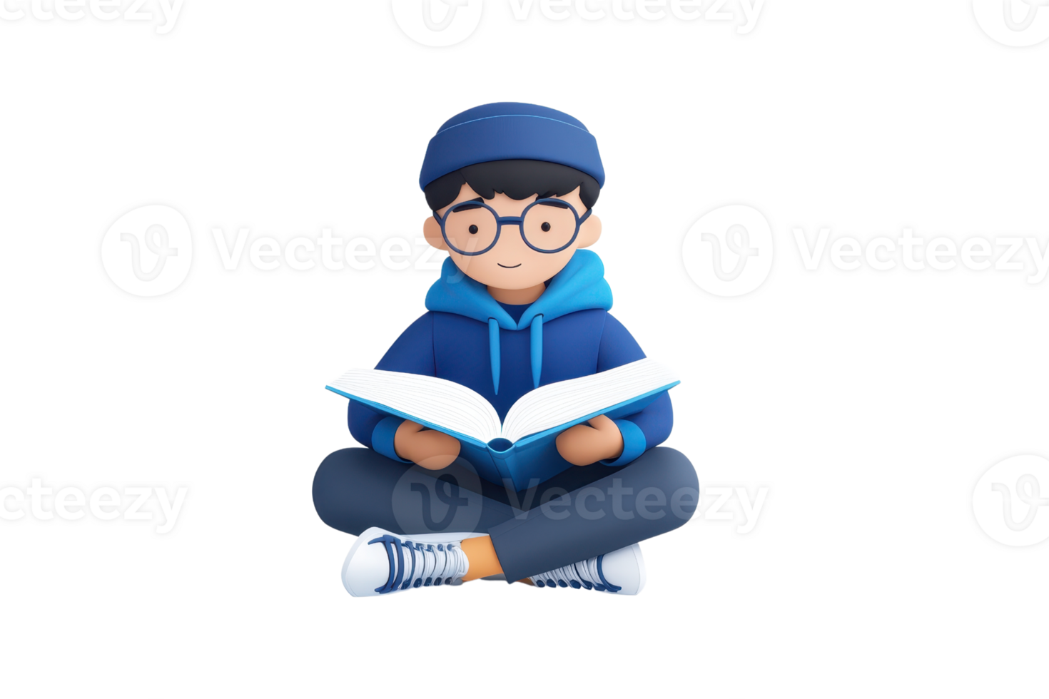 A young person seated cross-legged, wearing a blue hoodie and cap, engrossed in reading a large book. png
