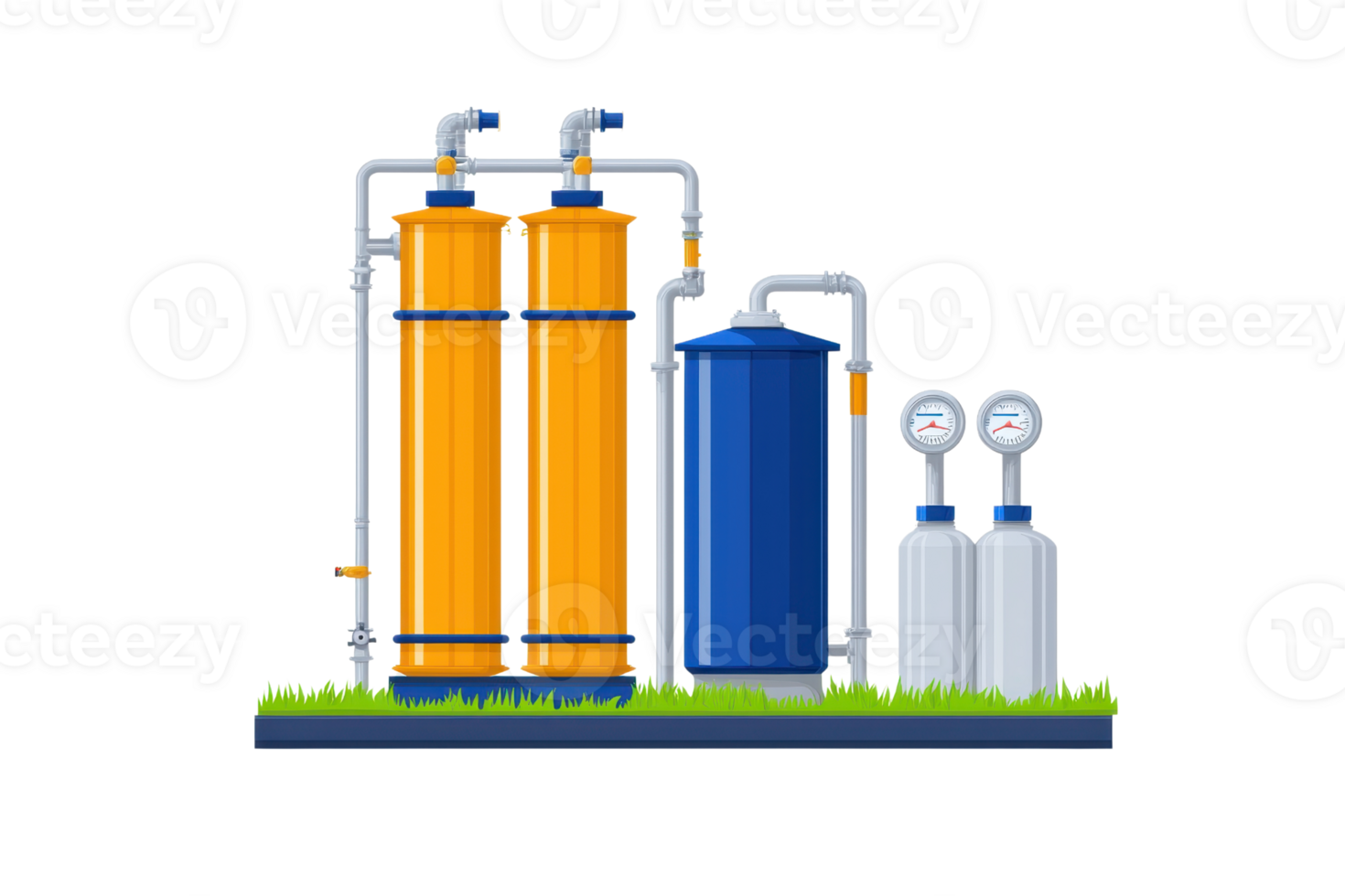 The image features industrial storage tanks in orange and blue, connected by pipes, designed for processing or storing fluids. png