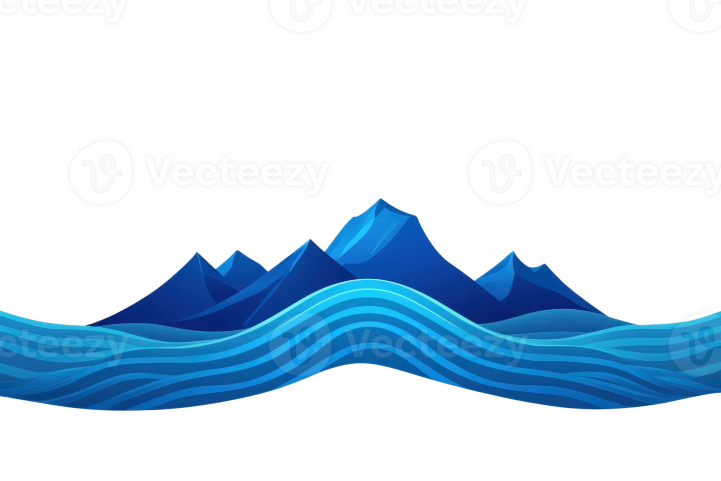 A stylized depiction of mountains and waves, showcasing various shades of blue in a fluid design. png
