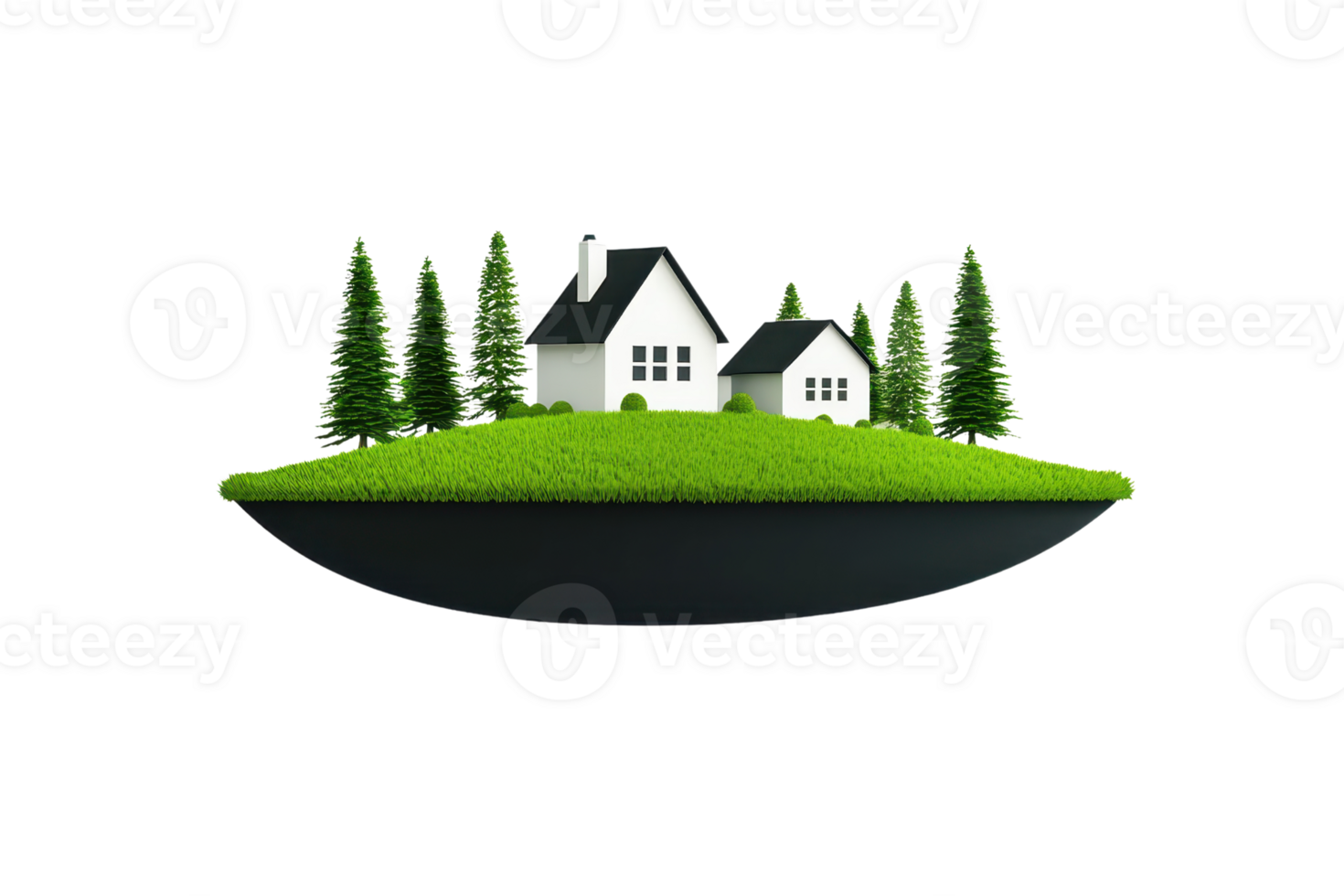A small, serene landscape featuring two white houses surrounded by lush green trees on a grassy island. png