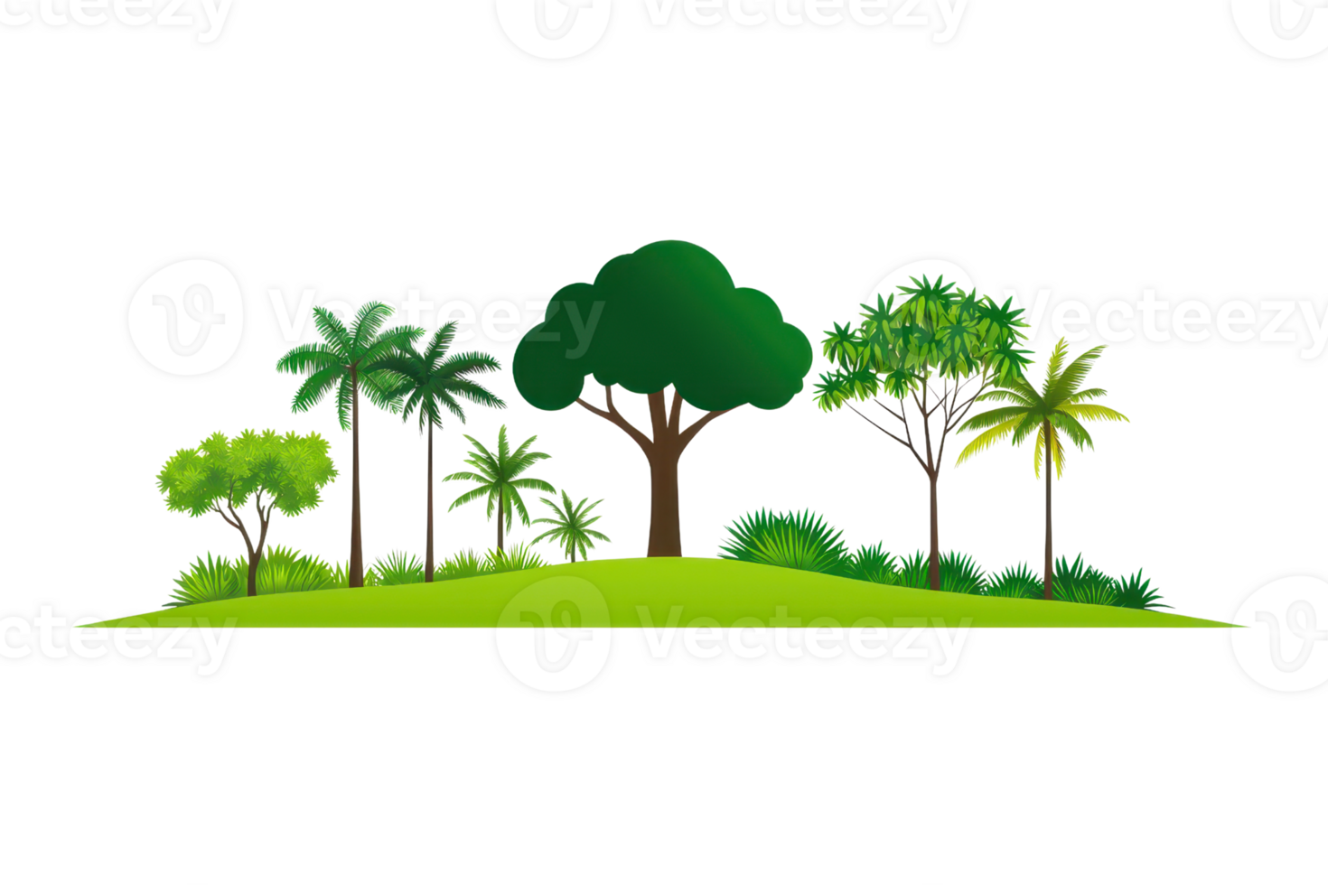 A variety of stylized trees and plants on a green hill, showcasing different shapes and sizes. png