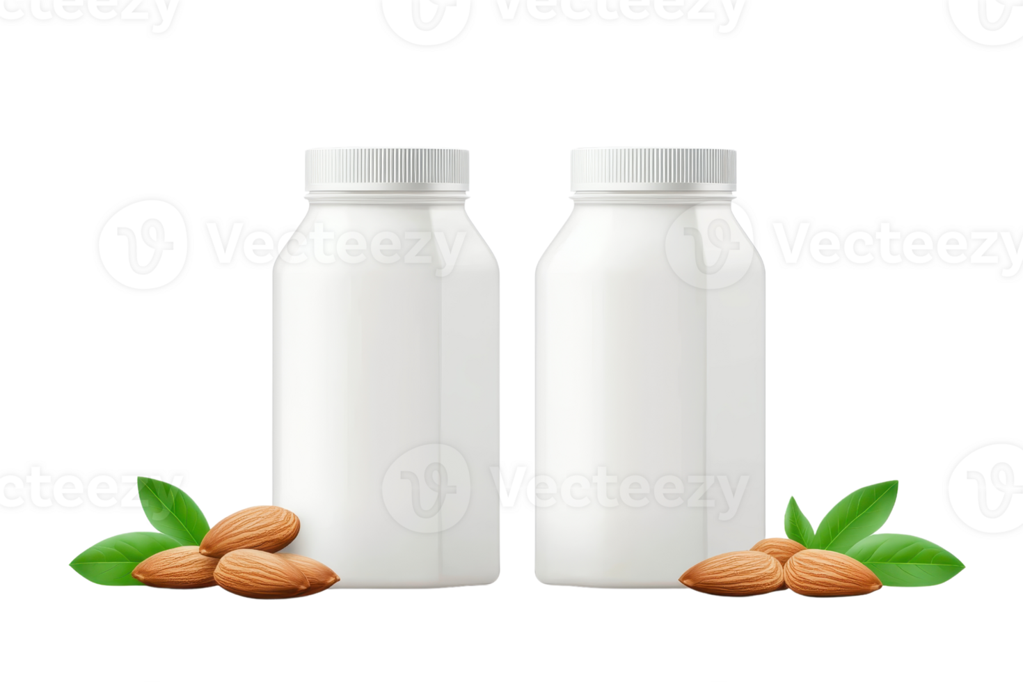 Two bottles of almond milk are displayed alongside almonds and green leaves, highlighting a healthy beverage choice. png