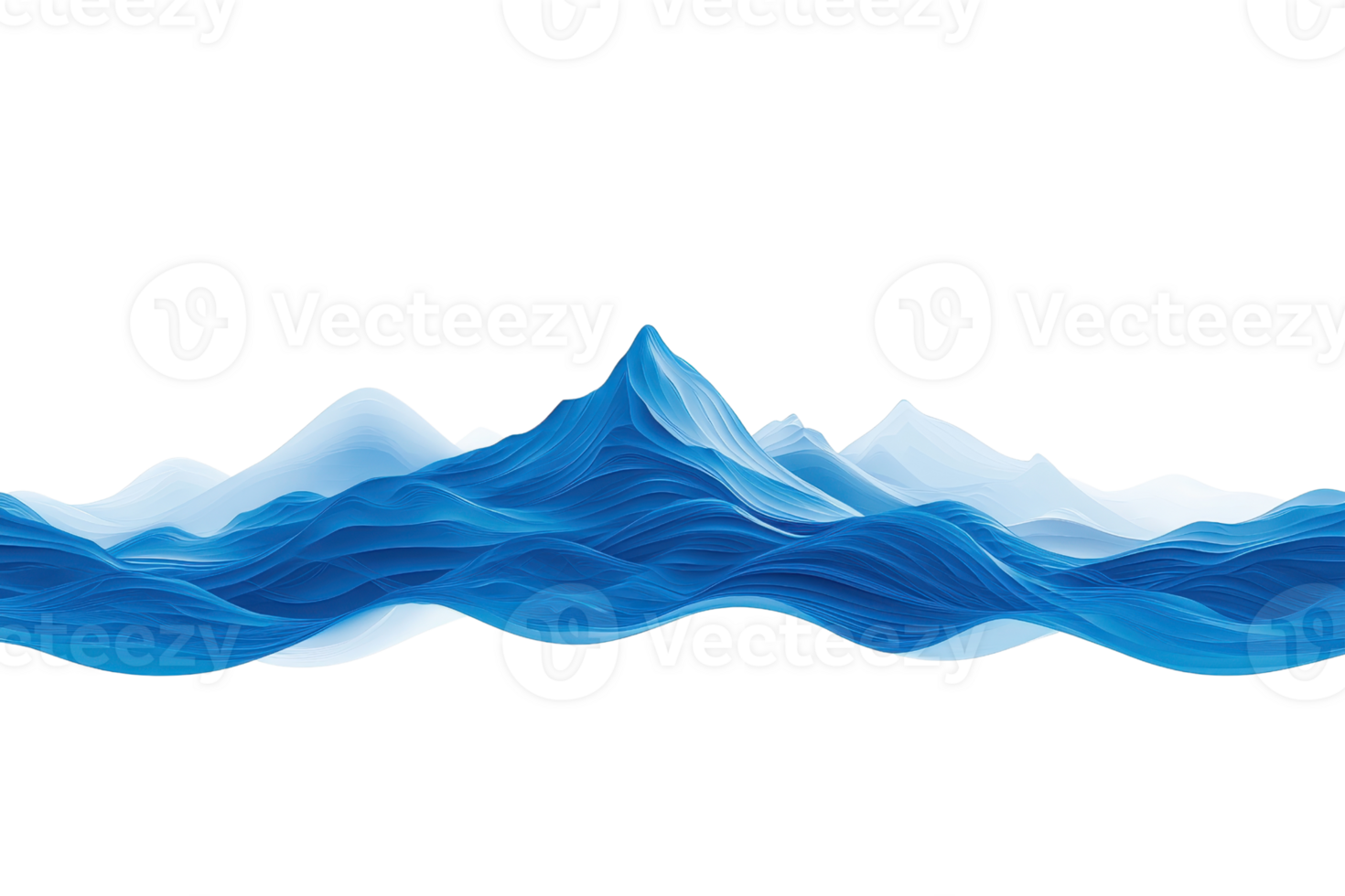 A stylized representation of layered blue mountains with varying heights and curves. png