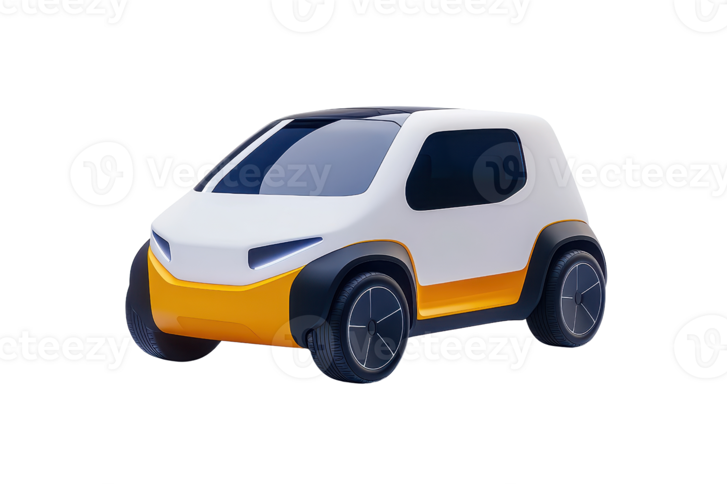 A compact, modern electric car with a sleek design featuring a white body and orange accents, ideal for urban commuting. png