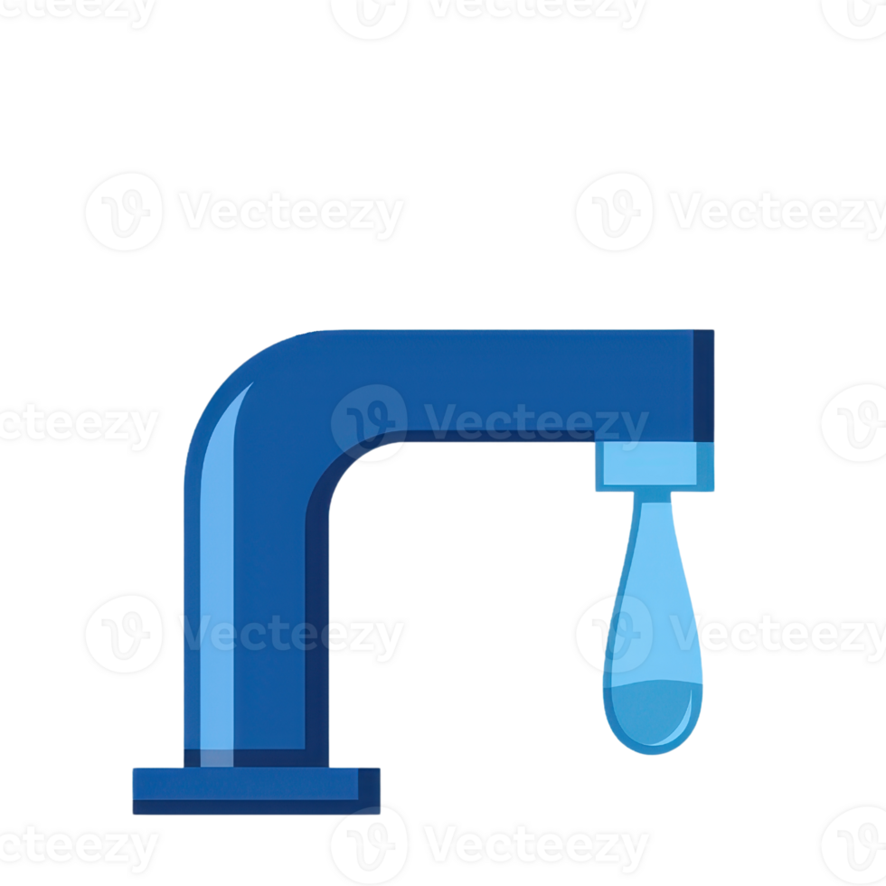 A blue faucet with a droplet of water hanging from its spout. png