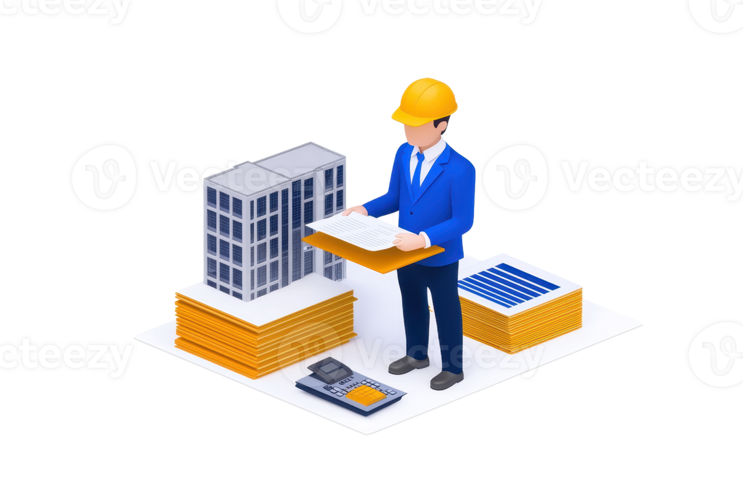 3d ilustração do uma construção Gerente dentro azul terno e Difícil chapéu revendo projeto documentos, com construção modelos e papelada. png