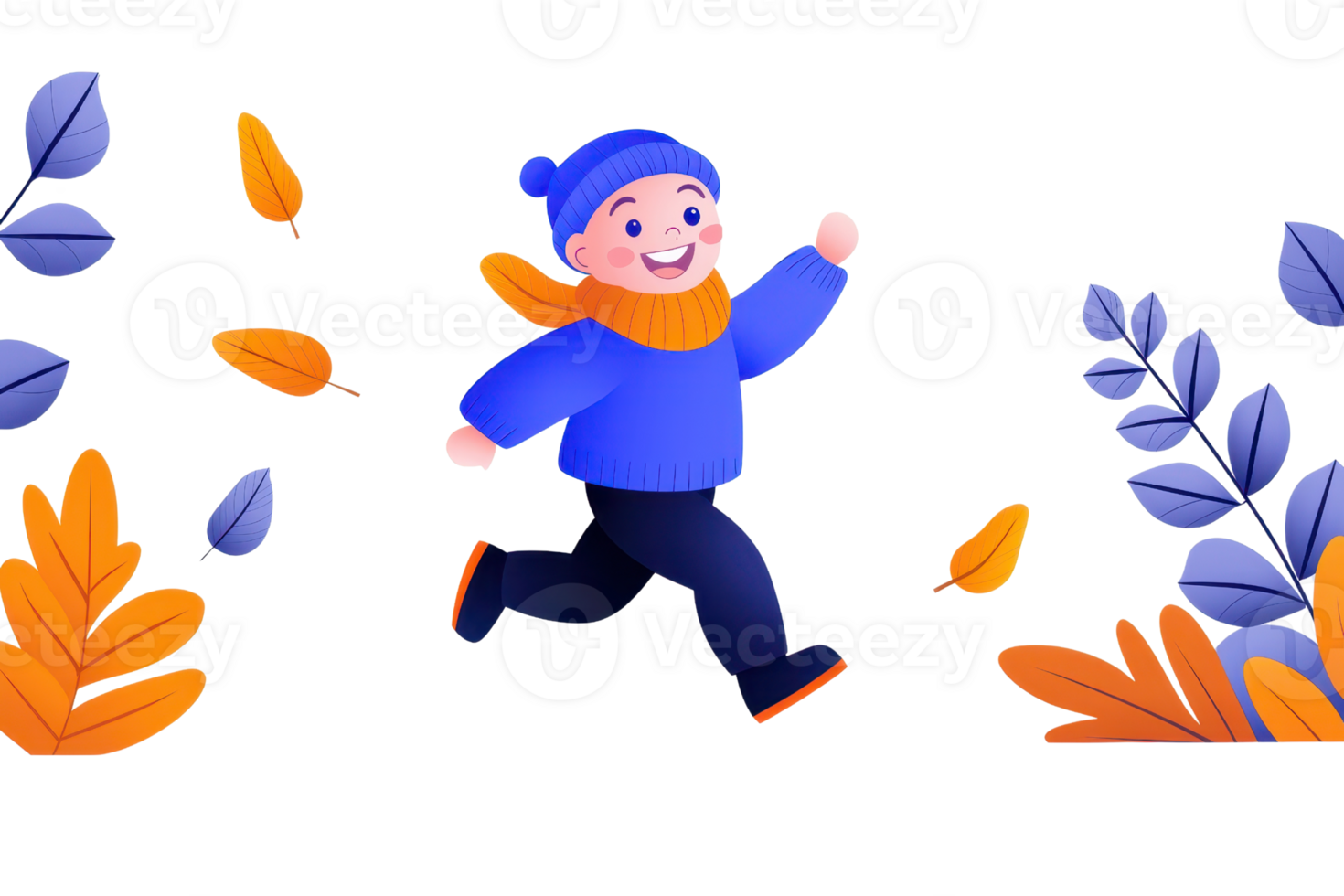 A cheerful child in a blue outfit happily runs, surrounded by colorful autumn leaves. png
