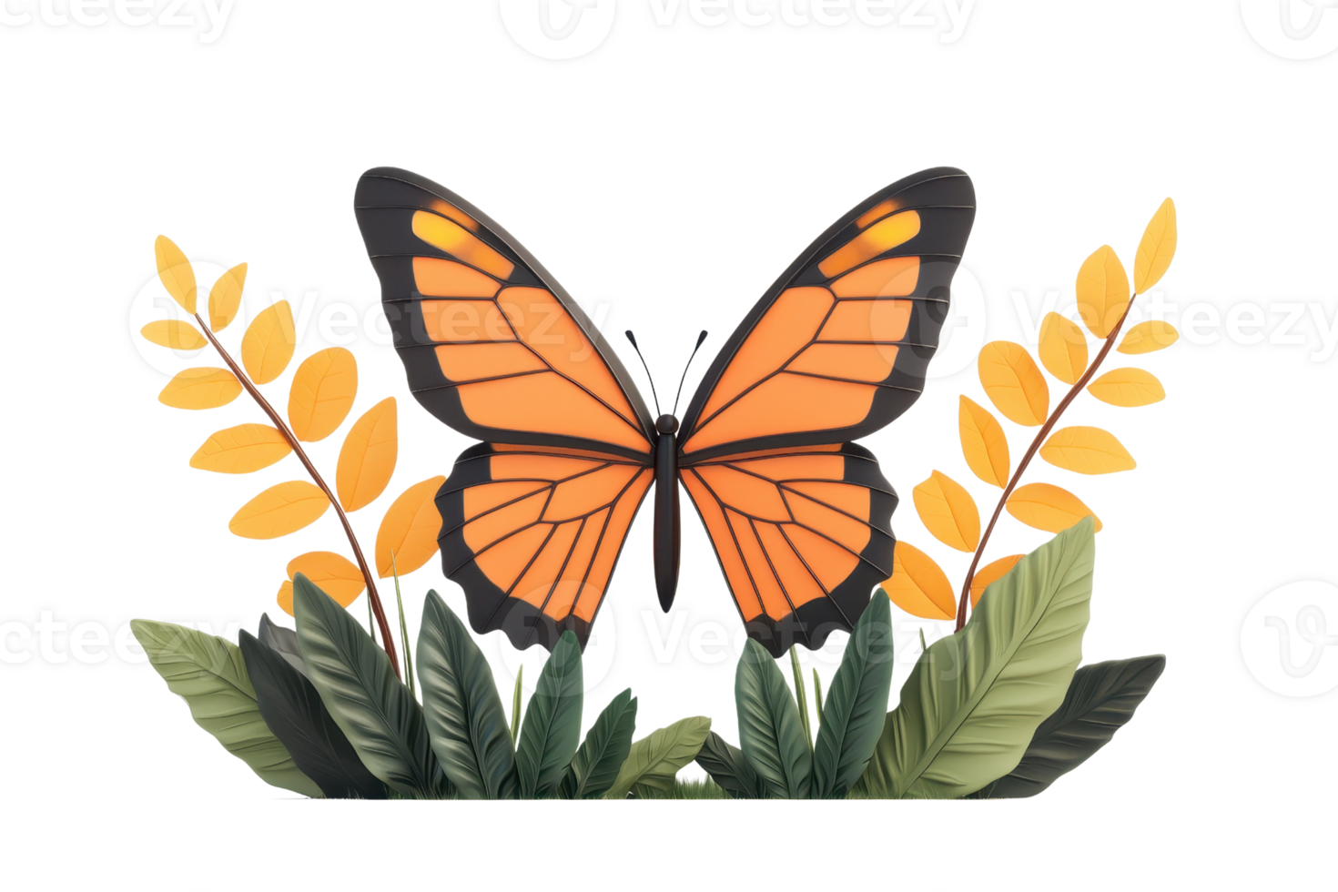 A vibrant orange butterfly with intricate wing patterns is surrounded by green leaves and golden foliage, creating a striking visual display. png