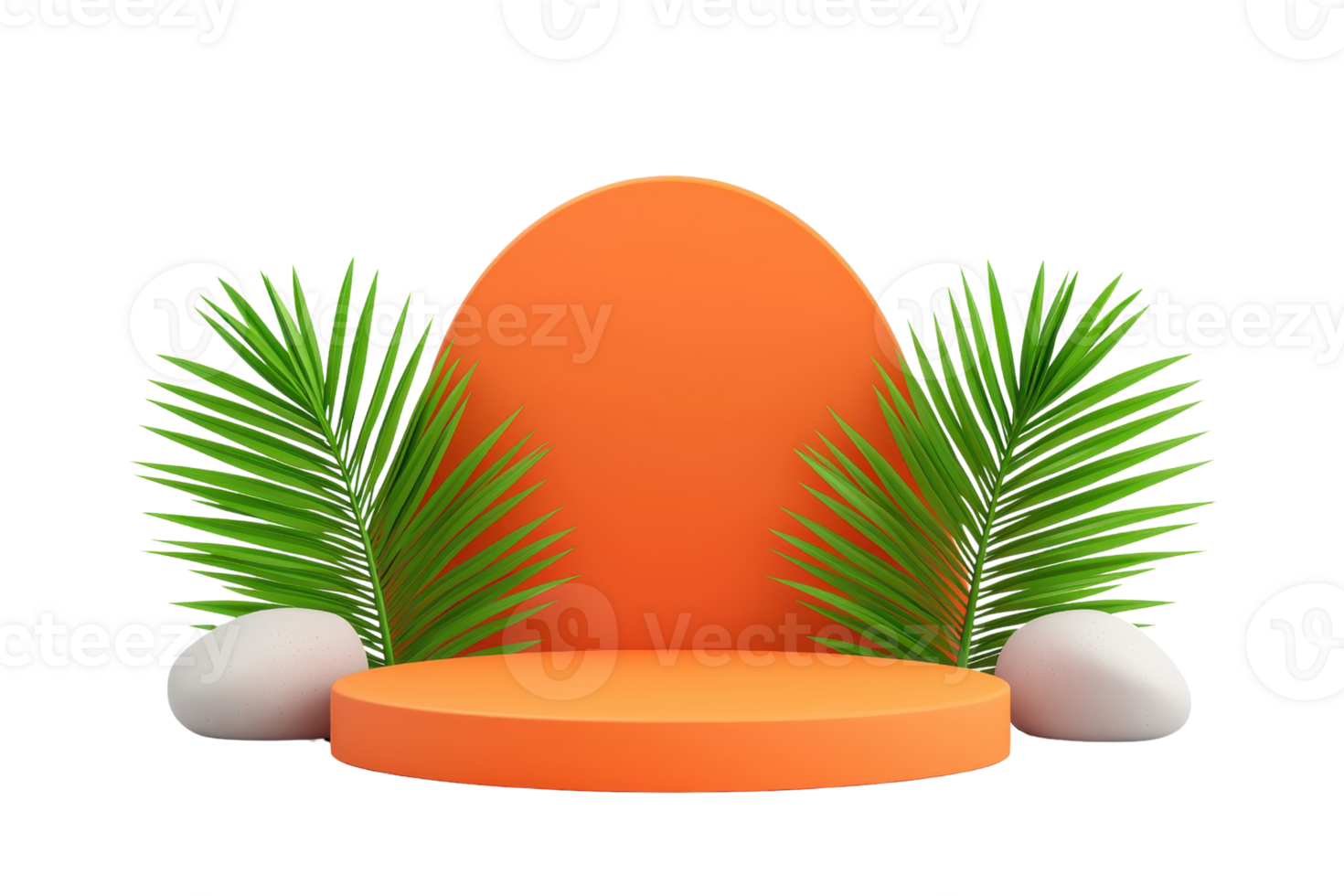 A vibrant orange podium surrounded by lush green palm leaves and smooth white stones. png