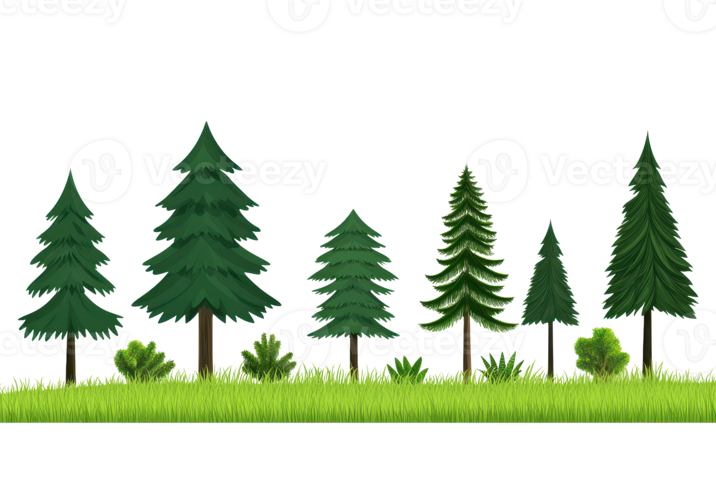 A row of various pine trees with lush green grass, showcasing different shapes and sizes. png