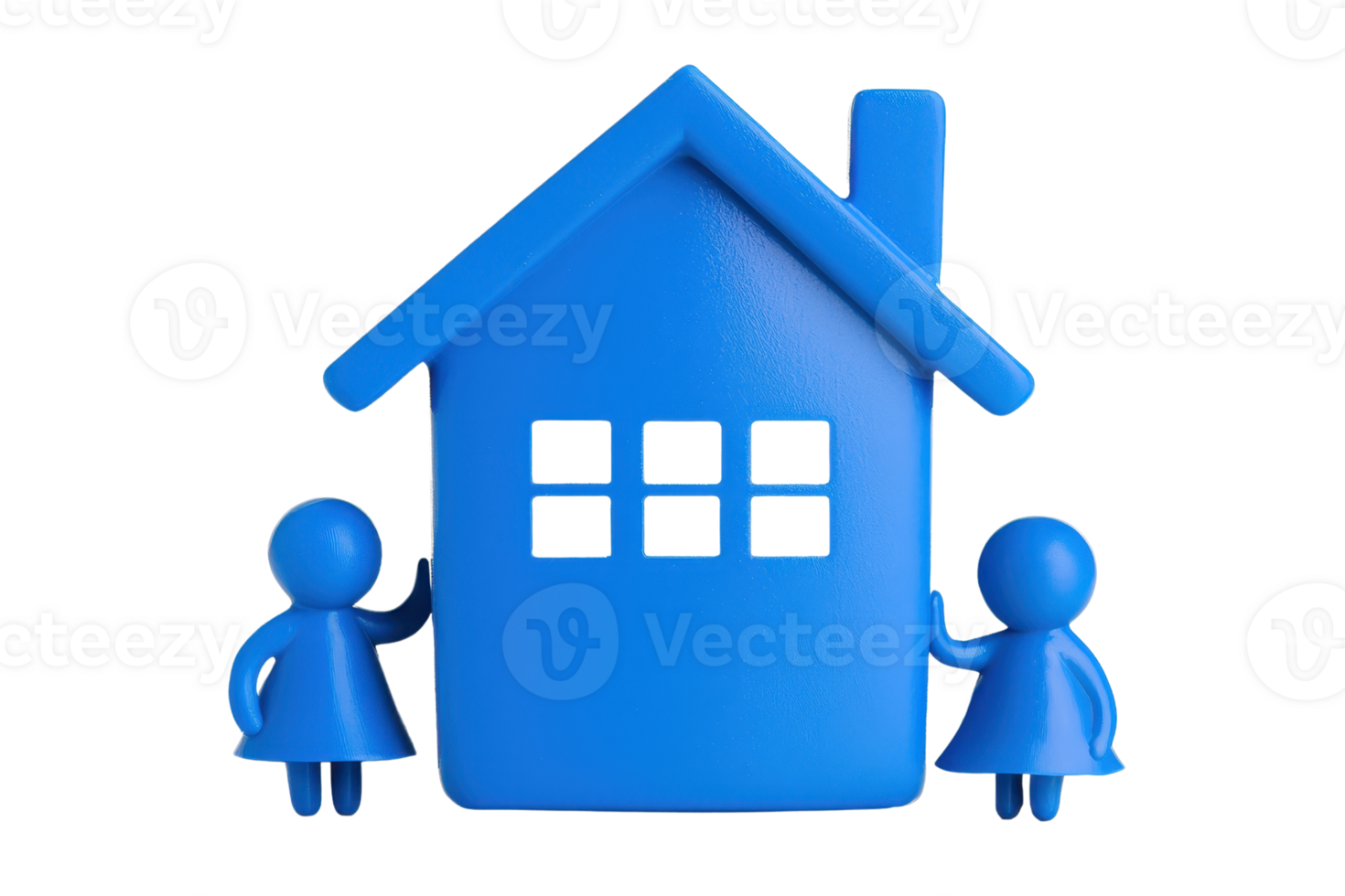 A vibrant blue house flanked by two blue figures, symbolizing family and home. png