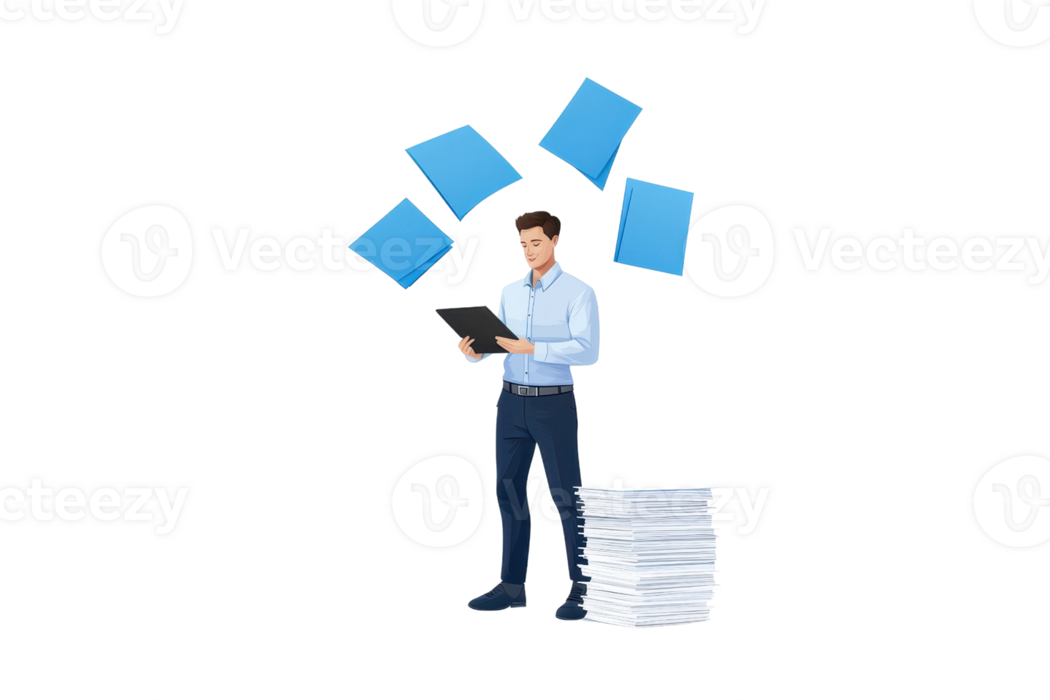 A man stands confidently holding a tablet, with scattered blue papers above him and a stack of white papers beside him. png