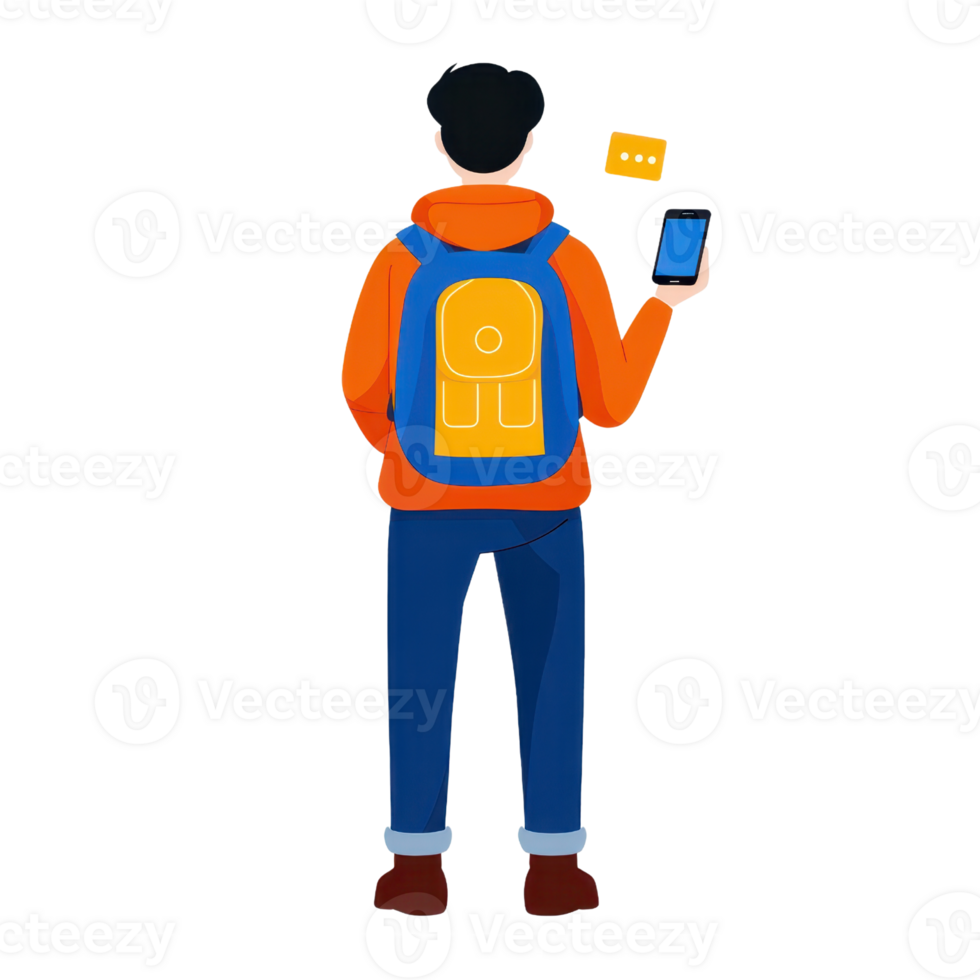 A person with a backpack holds a smartphone in one hand and a card in the other, showcasing a modern, tech-savvy lifestyle. png
