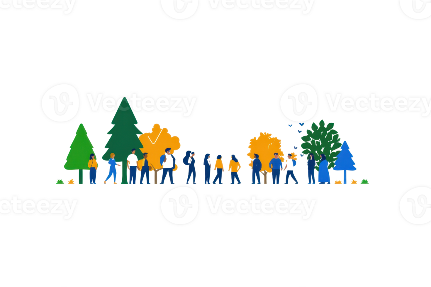 A colorful illustration featuring a variety of trees and people engaged in outdoor activities. png
