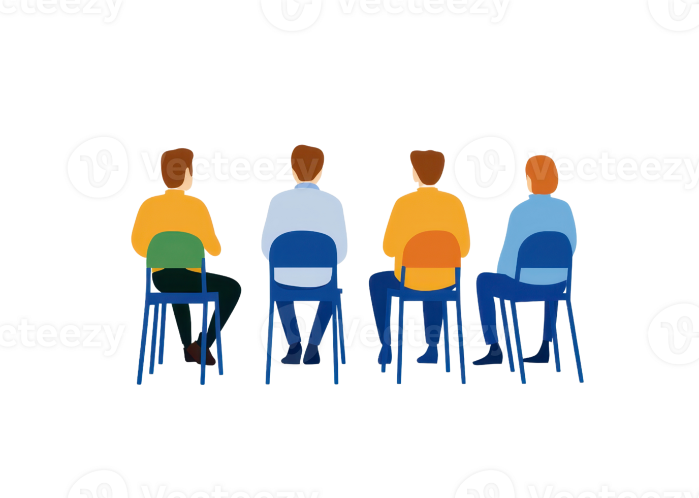 Four individuals seated on chairs, viewed from behind, showcasing different hair colors and shirt styles. png