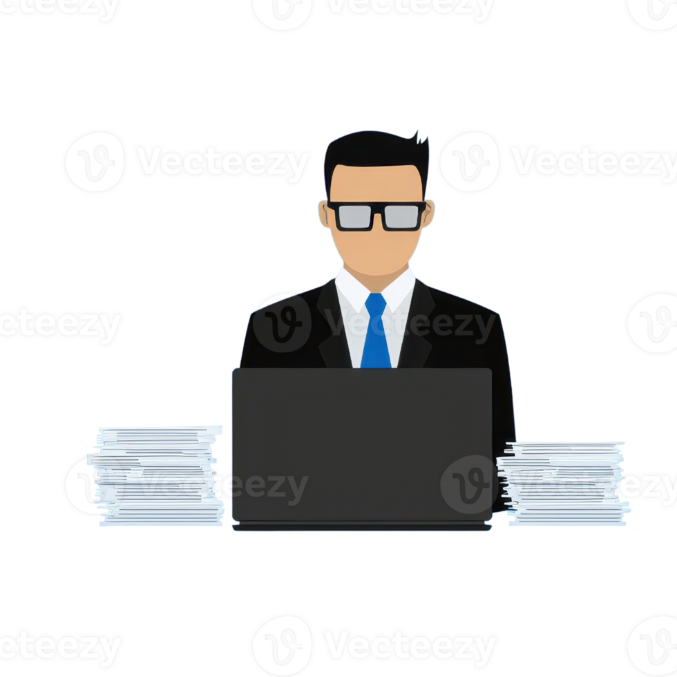 A professional man in a suit and glasses working on a laptop, surrounded by stacks of papers, symbolizing business and productivity. png