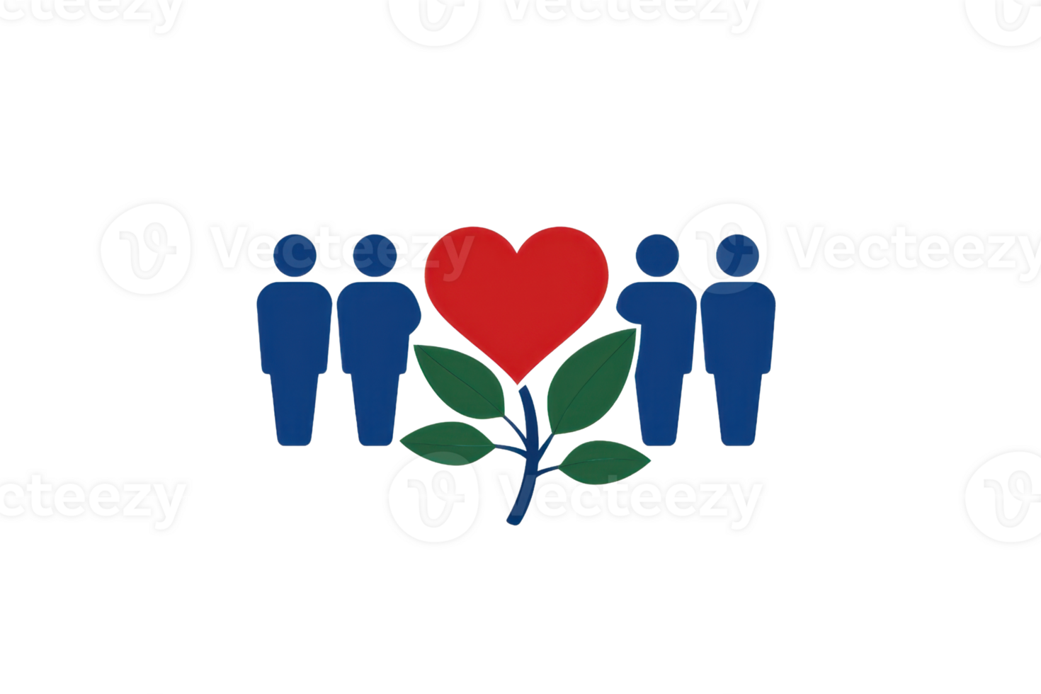 An illustration featuring four figures and a heart, surrounded by leaves, symbolizing love and connection among people. png