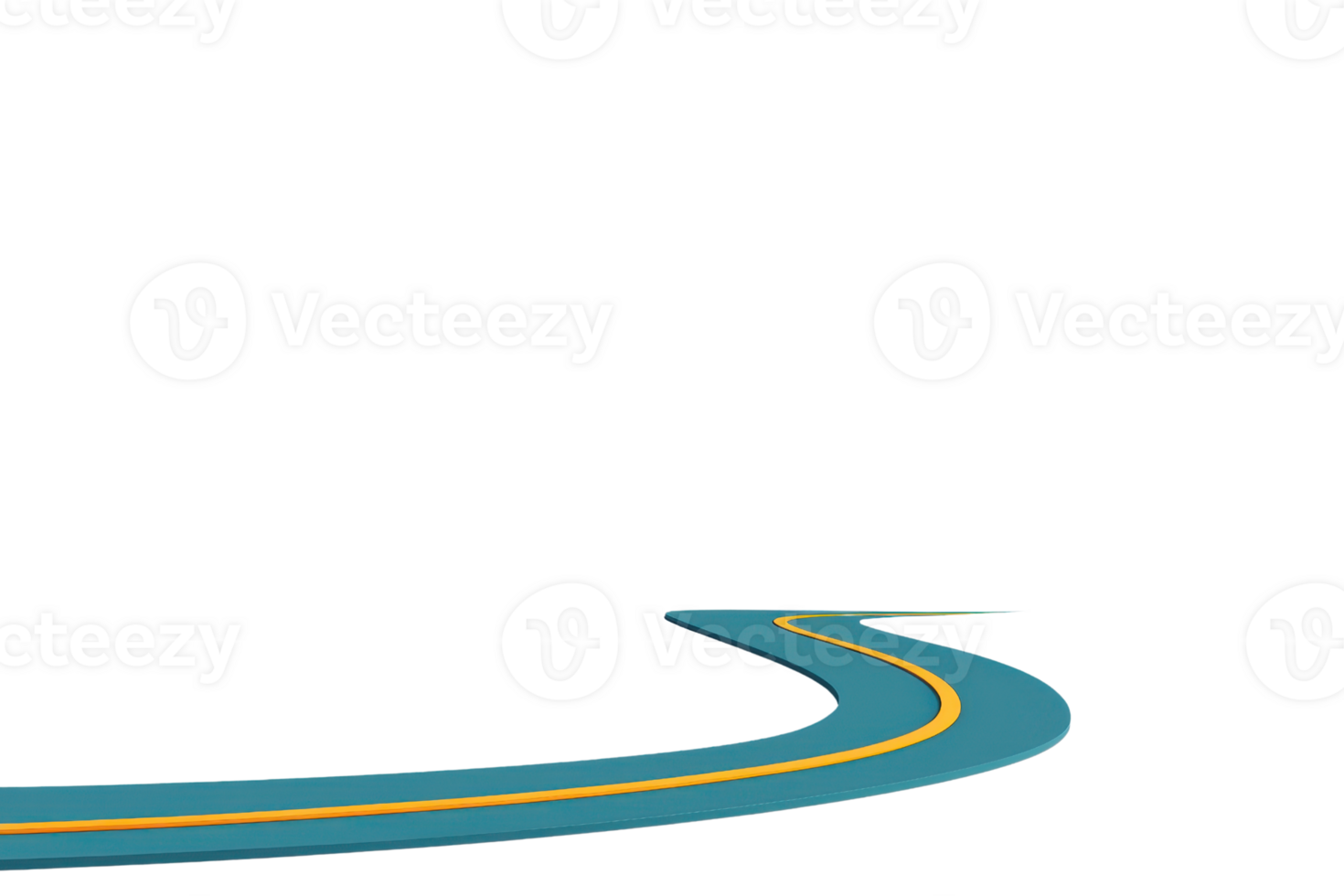 A winding road curves to the right, marked by a blue surface and a yellow line, suggesting a journey or direction. png