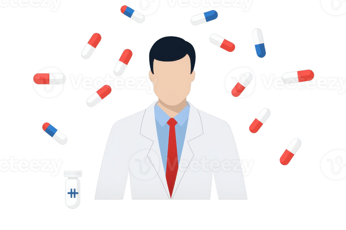 A medical professional in a white coat surrounded by colorful capsules, symbolizing pharmaceuticals and healthcare. png