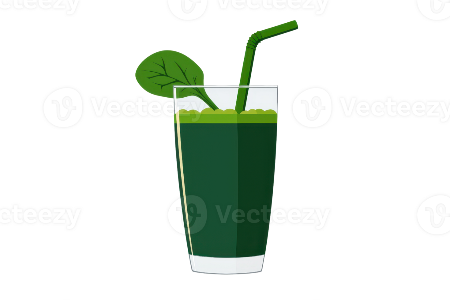 A refreshing green drink in a glass with a straw and a leaf garnish. png